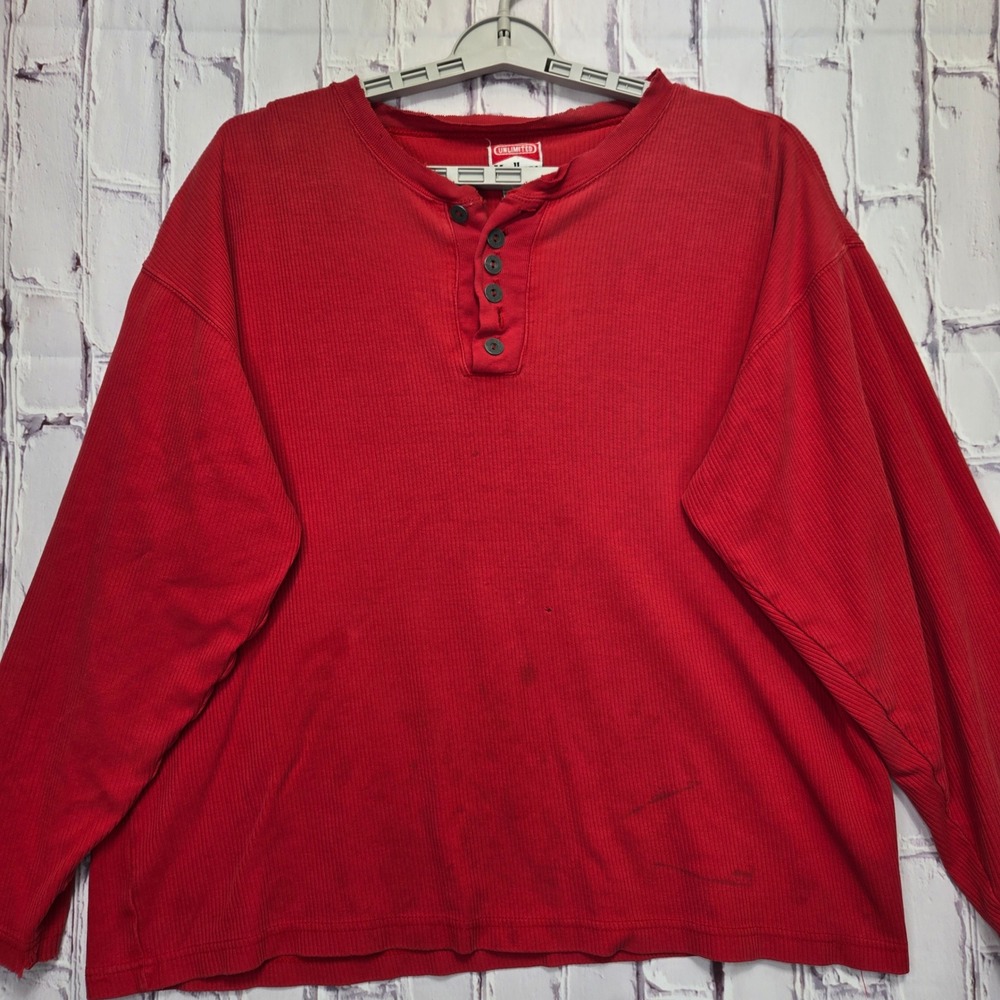 Vintage Marlboro Unlimited Red Ribbed Henley Shirt Men XL Long Sleeve 90s Cotton